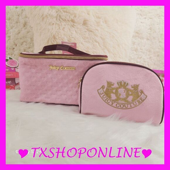 💗🌺{Juicy Couture} Pink Signature Scotties Bling Wedge Makeup Bag & Traincase - Picture 1 of 5